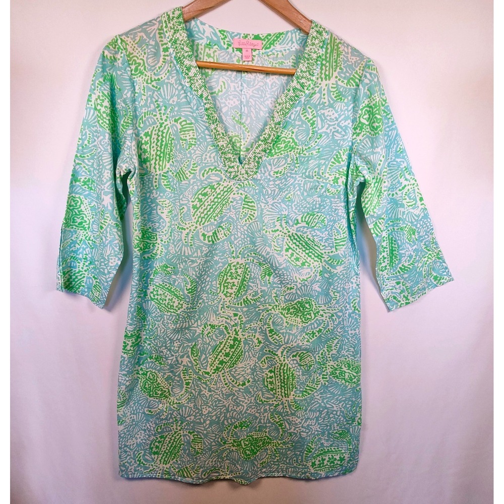Lilly Pulitzer Women's Green Blue Coastal Print Beaded V-Neck Tunic Dress